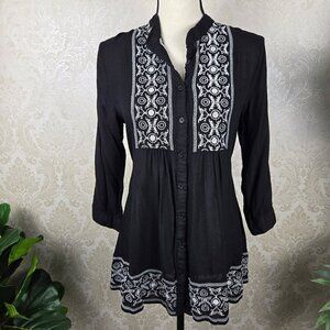 Pretty Good Size Medium Black Tunic White Embroidery Roll Tab Sleeves Back Tie
